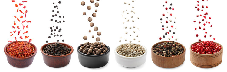 Various types of peppers falling into bowls against white background, set