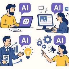 AI Technology Illustration Set &ndash; Characters Using AI Generative Tools for Business Tasks, Content Creation, Marketing and Automation Vector