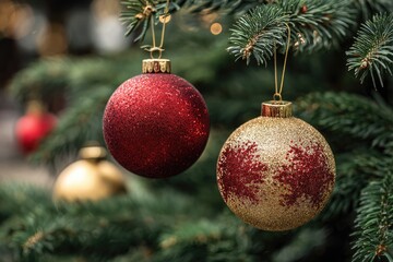 Festive Red And Gold Christmas Ornaments Hanging On A Green Fir Tree Branch.