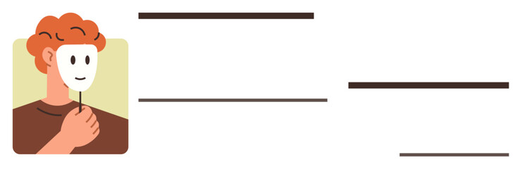 Red-haired person holding a white mask in front of their face, symbolizing hidden identity, deception, or duality. Ideal for psychology, identity, mystery, creativity, secrecy human behavior