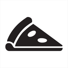 Simple black and white icon representing a slice of pizza with cheese and crust