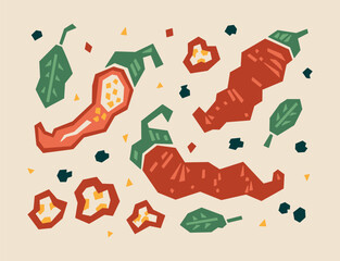 Abstract Geometric Spicy Chili Peppers and Allspice Berries. Vector illustration