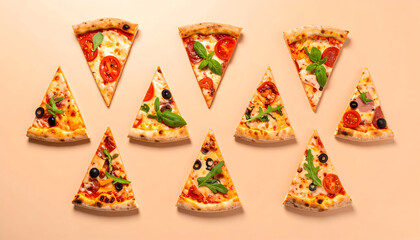 Collection of various pizza slices with different toppings on peach background, flat lay food arrangement.