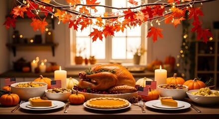 Thanksgiving Feast, Turkey, Pumpkins, Table Setting, Cozy Kitchen, Autumn Vibes