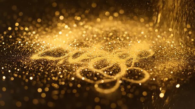 Gold dust glitter particles scatter and form intricate patterns on a dark surface in a captivating seamlessly looping video magic, artistic, gold effect