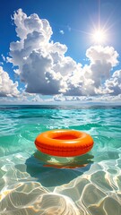 Obraz premium Orange inflatable ring floats on clear turquoise water under a bright sun and puffy clouds