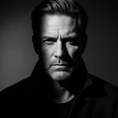 Obraz premium Black and white portrait of a rugged man with strong features, looking intensely towards the viewer with dramatic lighting