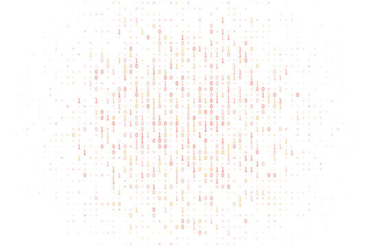 Abstract digital background with glowing red and orange binary code, representing data stream, technology, programming, and cybersecurity concepts.