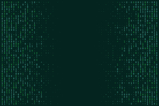 Digital binary code matrix background with flowing green data stream, representing technology, programming, and cybersecurity concepts, with central copy space.