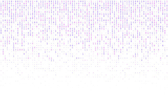 Abstract technology background with binary code digital rain effect, glowing purple and blue numbers falling on a black screen, data stream and cybersecurity concept.