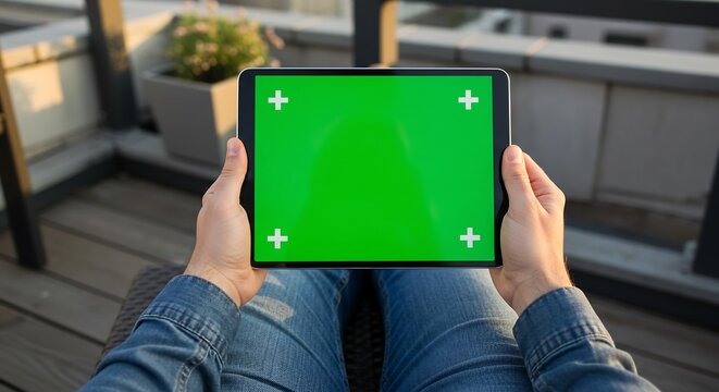 Casual man sitting at rooftop café terrace holding tablet with green screen, lifestyle stock image