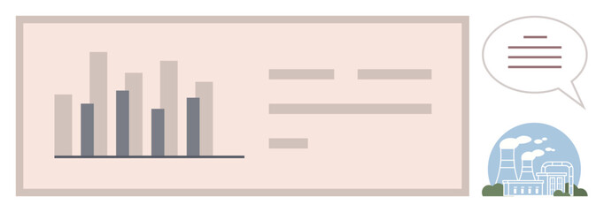 Bar chart highlighting performance data, text details with a speech bubble, and an industrial plant illustration. Ideal for analytics, business growth, communication, industry, reporting