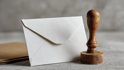 Envelope and wooden stamp on a gray surface, close-up shot.