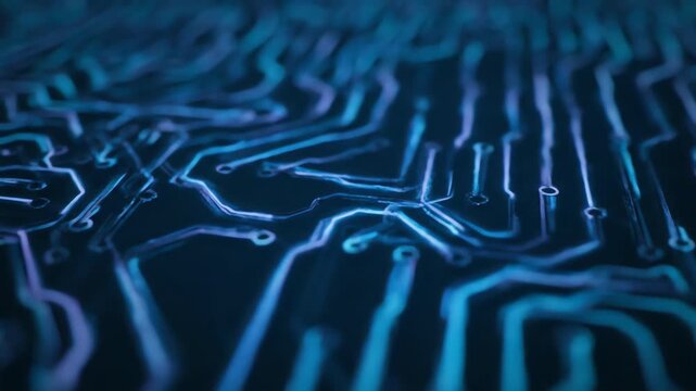 High-tech, seamlessly looping video depicting glowing aqua and violet light trails forming a digital circuit board pattern network, engineering, graphic
