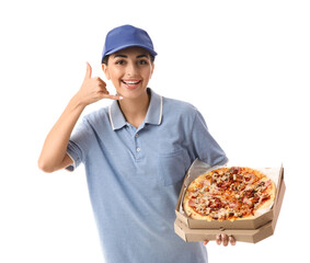 Female courier with tasty pizza showing "call me" gesture on white background