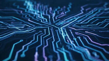 High-tech, seamlessly looping video depicting glowing aqua and violet light trails forming a digital circuit board pattern seamlessly looping video, website, clean - Powered by Adobe