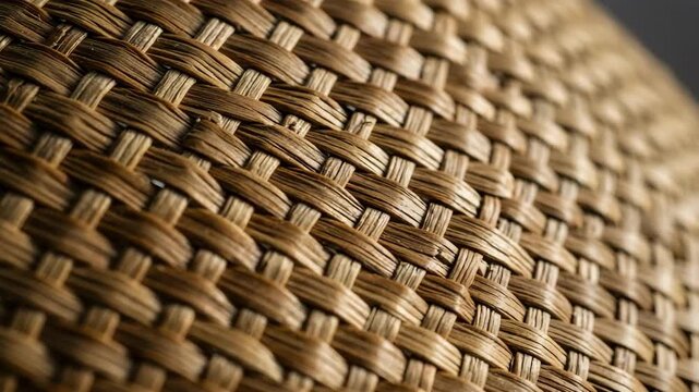 Macro Shot Of Interwoven Wicker Basket Texture With Detailed Weave Pattern In Neutral Brown Tones For Background With Natural Fiber Material