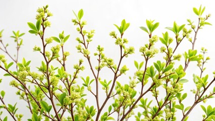 Fototapeta premium Branches of young Privet shrub with spring leaves on white background, garden, privet, garden, privet,spring, leaves, flower