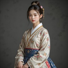 Fototapeta premium a woman wearing hanbok, Hanbok model, AI Generative