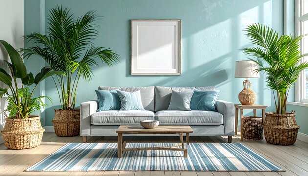 Sunlit modern living room interior featuring a cozy grey sofa, large tropical house plants, and a blank mock-up frame on a stylish blue wall