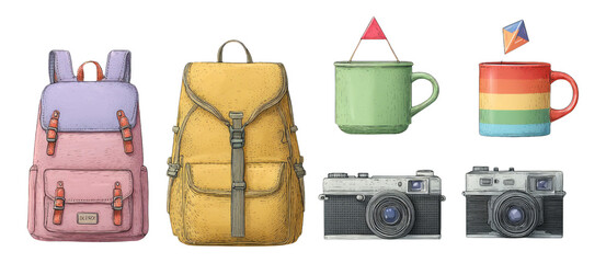 Colorful Backpack and Vintage Camera Collection on Transparent Background