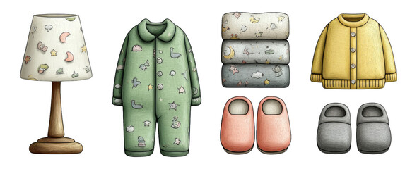 Cute Nursery Items Including Clothes, Lamp, Blankets, and Slippers on Transparent Background