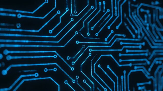 Interweaving lines of bright blue glowing particles form an intricate, seamlessly looping futuristic circuit board pattern power, science, modern