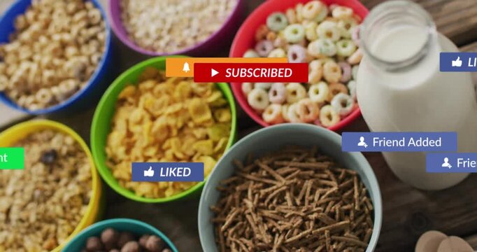 After one second badges appearing and multiplying over cereal bowls and milk bottle while fading