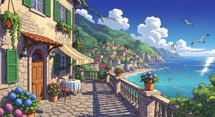 Vibrant Anime Illustration of a Mediterranean Coastal Town with Balcony View
