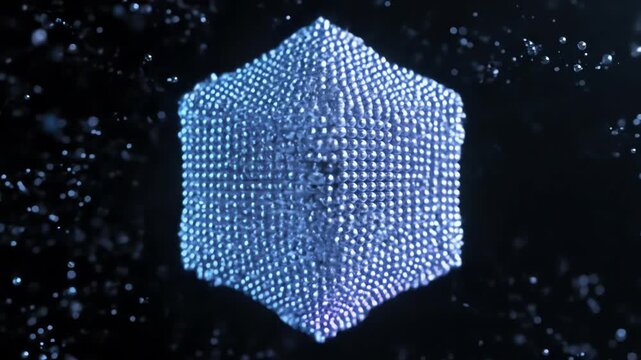 Intricate silver glowing particles scatter and reform in a complex, seamlessly looping geometric pattern background, website, scatter