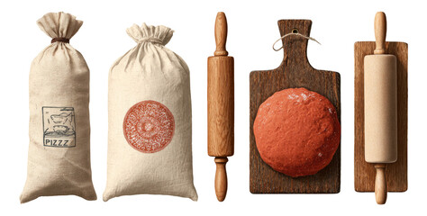 Isolated Baking Ingredients and Tools with Wooden Rolling Pins and Dough on Transparent Background