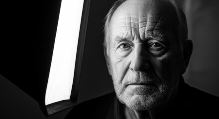 Fototapeta premium A black and white portrait of an older man with wrinkles and a serious expression looking at the camera