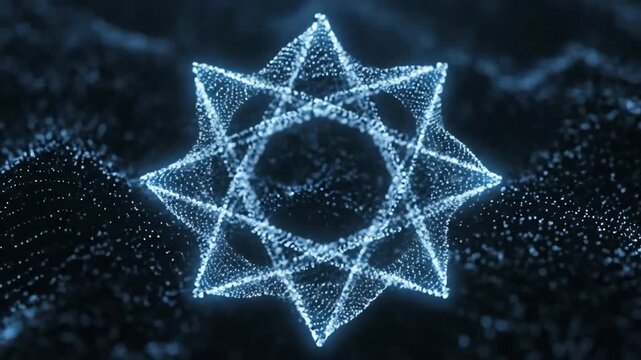 Intricate silver glowing particles scatter and reform in a complex, seamlessly looping geometric pattern metallic, background, modern
