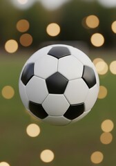 Fototapeta premium Crisp soccer ball floats amidst whimsical bokeh lights outdoor setting