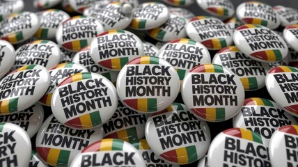 A pile of black history month buttons with red, yellow, and green stripes on a white background with black lettering in a closeup shot