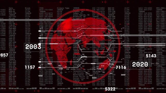 Opening backdrop initiating red globe rotating pulsing and streaming values visualizing trends