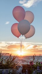 Pastel Balloons at Sunset Over Water