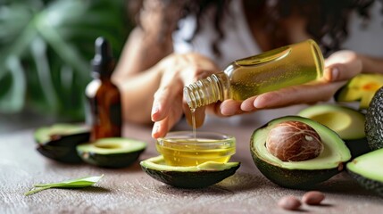 A person massaging their scalp with avocado oil promoting its use as a natural hair treatment for hydration and promoting hair growth.