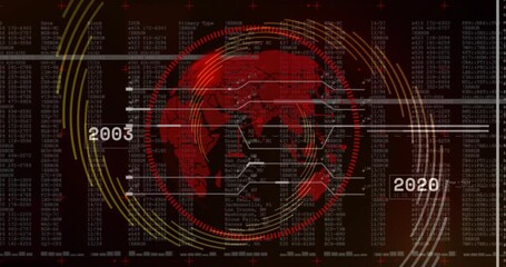 On start, 3D red globe rotating left, labels updating, rings pulsing, visualizing global timeline - Powered by Adobe