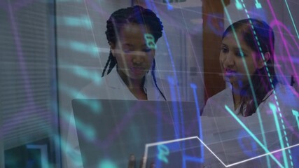 Lab scientists holding laptop using stylus activating holographic overlays for research analysis - Powered by Adobe