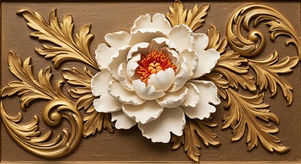 White Peony Flower with Gold Acanthus Leaf Ornate Relief image