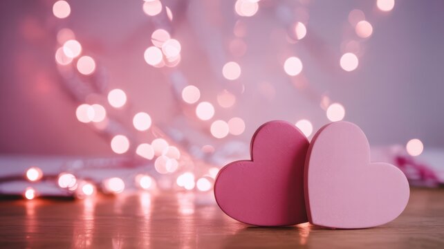 Two heart shaped wooden blocks on a wooden surface with pink bokeh lights in the background create a romantic and dreamy atmosphere