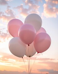 Pastel Pink and White Balloons Against a Beautiful Sunset Sky