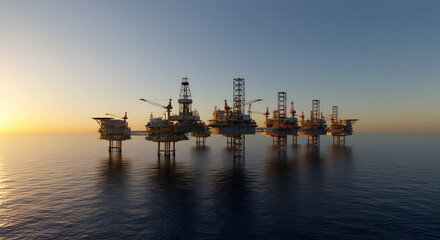 Obraz premium Modern Offshore Oil Rig Structures Illuminated by Sunset Over Calm Ocean Surface