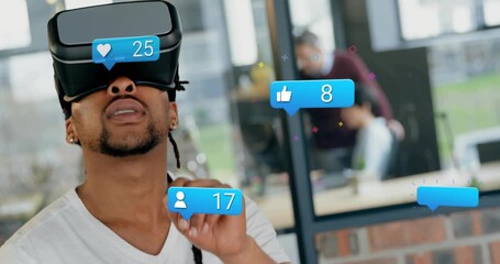 VR user raising finger and initiating floating social metrics around headset during technology demo