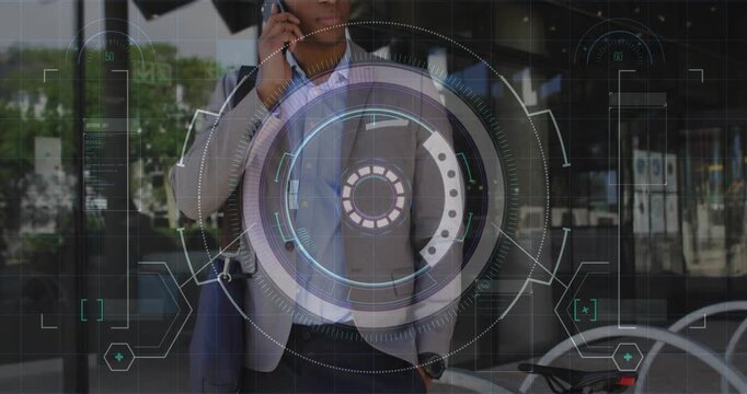 Business professional calling, scanning bicycle, monitoring HUD overlay and planning next steps