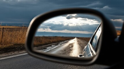 Reflections of a Scenic Road Trip in a Side Mirror at Dusk