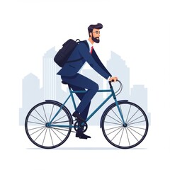 Naklejka premium Cool male businessman riding bicycle to office. Modern lifestyle, eco transport, healthy commuting concept. Perfect for business, work, urban life, and sustainable city design projects.