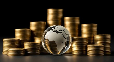 Stacks of gold coins surrounding a glass globe, symbolizing global wealth, international finance, and economic growth