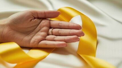 Closeup of a hand with a wedding ring holding a yellow ribbon on a white silk background, symbolizing hope, awareness, and support